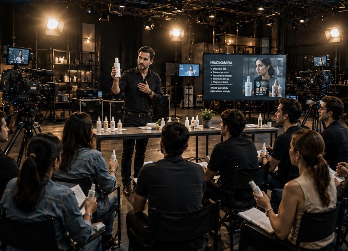 Set del reality: un conductor presenta un producto frente a público y cámaras (imagen de ejemplo)